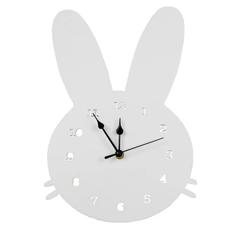 Wooden cartoon wall clock showing alien, rabbit, swan, cloud and ice cream design options