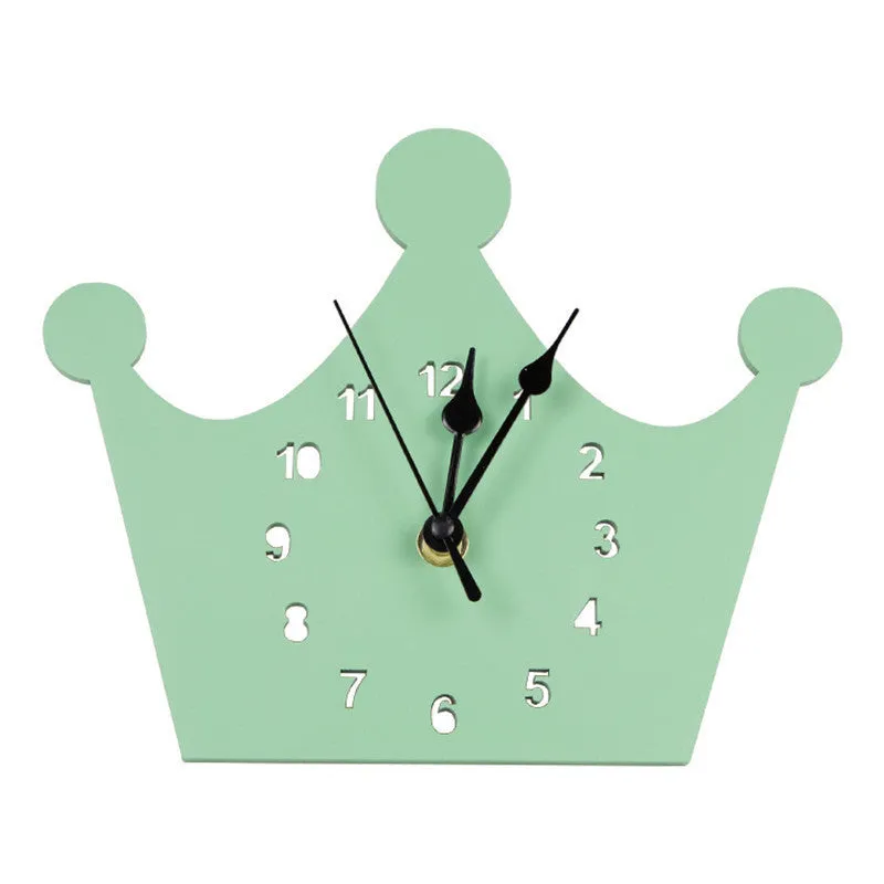 Wooden cartoon wall clock showing alien, rabbit, swan, cloud and ice cream design options