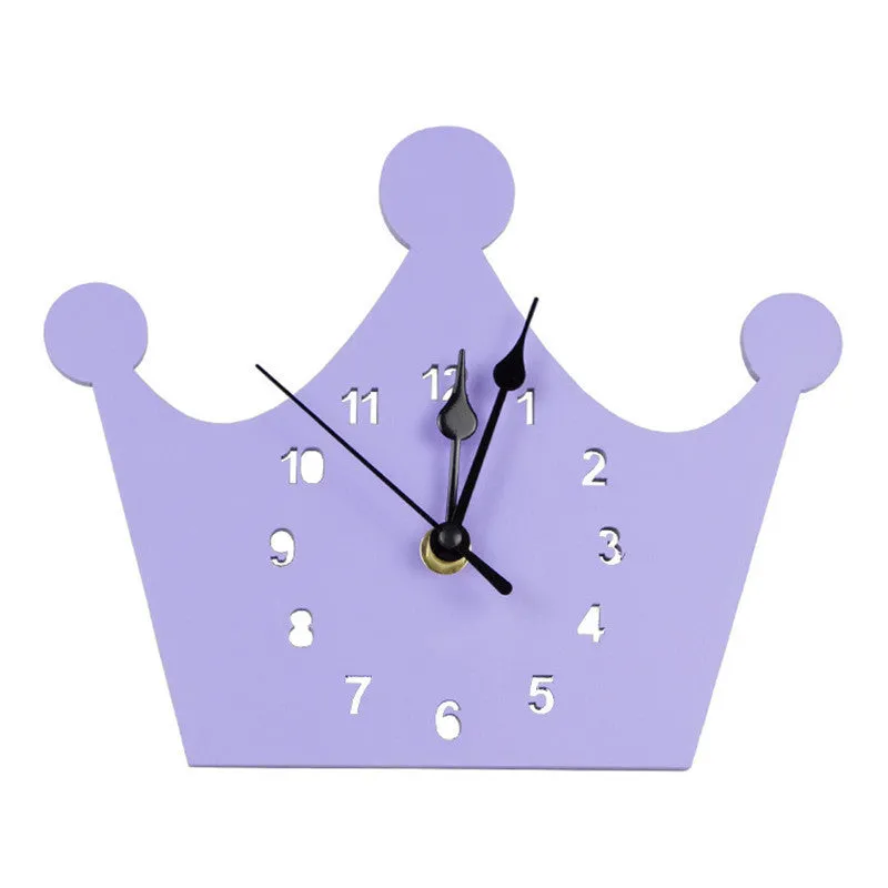 Wooden cartoon wall clock showing alien, rabbit, swan, cloud and ice cream design options