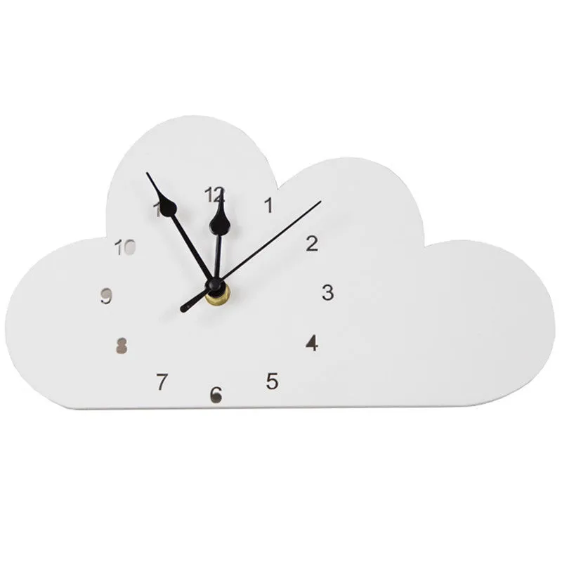 Wooden cartoon wall clock showing alien, rabbit, swan, cloud and ice cream design options