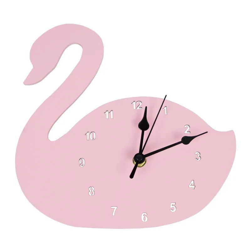 Wooden cartoon wall clock showing alien, rabbit, swan, cloud and ice cream design options