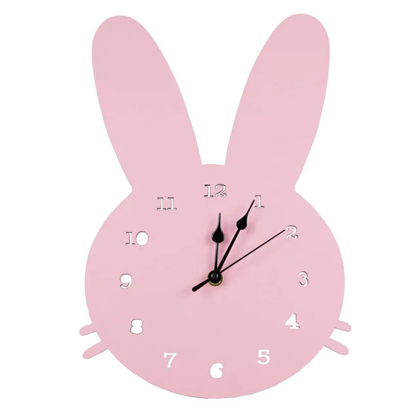 Wooden cartoon wall clock showing alien, rabbit, swan, cloud and ice cream design options