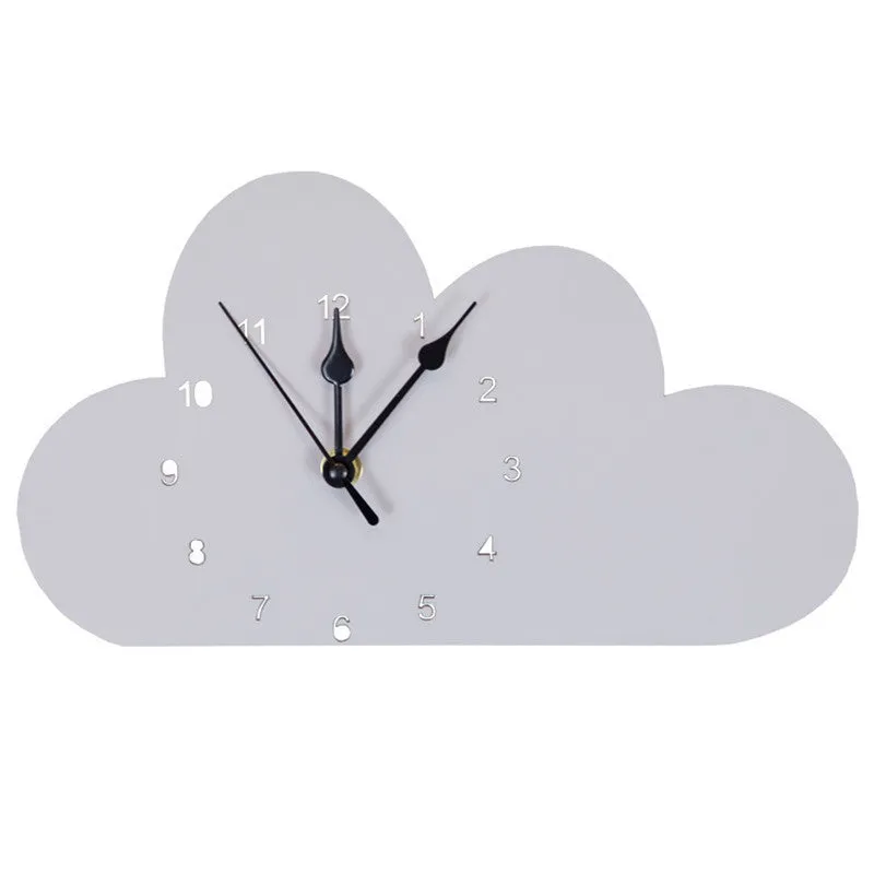 Wooden cartoon wall clock showing alien, rabbit, swan, cloud and ice cream design options
