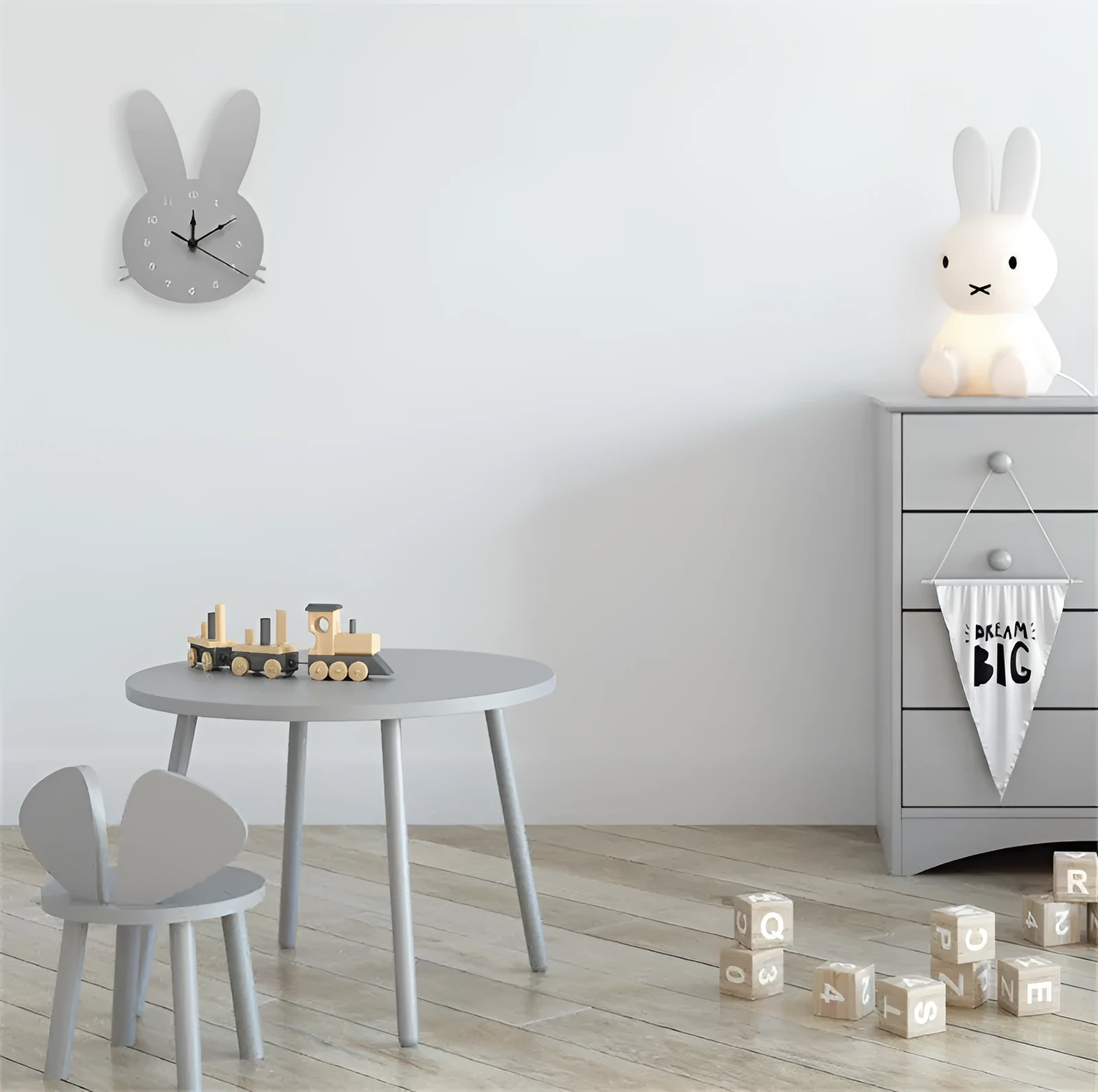 Wooden cartoon wall clock showing alien, rabbit, swan, cloud and ice cream design options