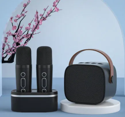 Family singing microphone set with Bluetooth speaker and two dual wireless microphones in four colour options