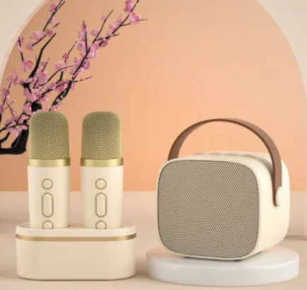 Family singing microphone set with Bluetooth speaker and two dual wireless microphones in four colour options