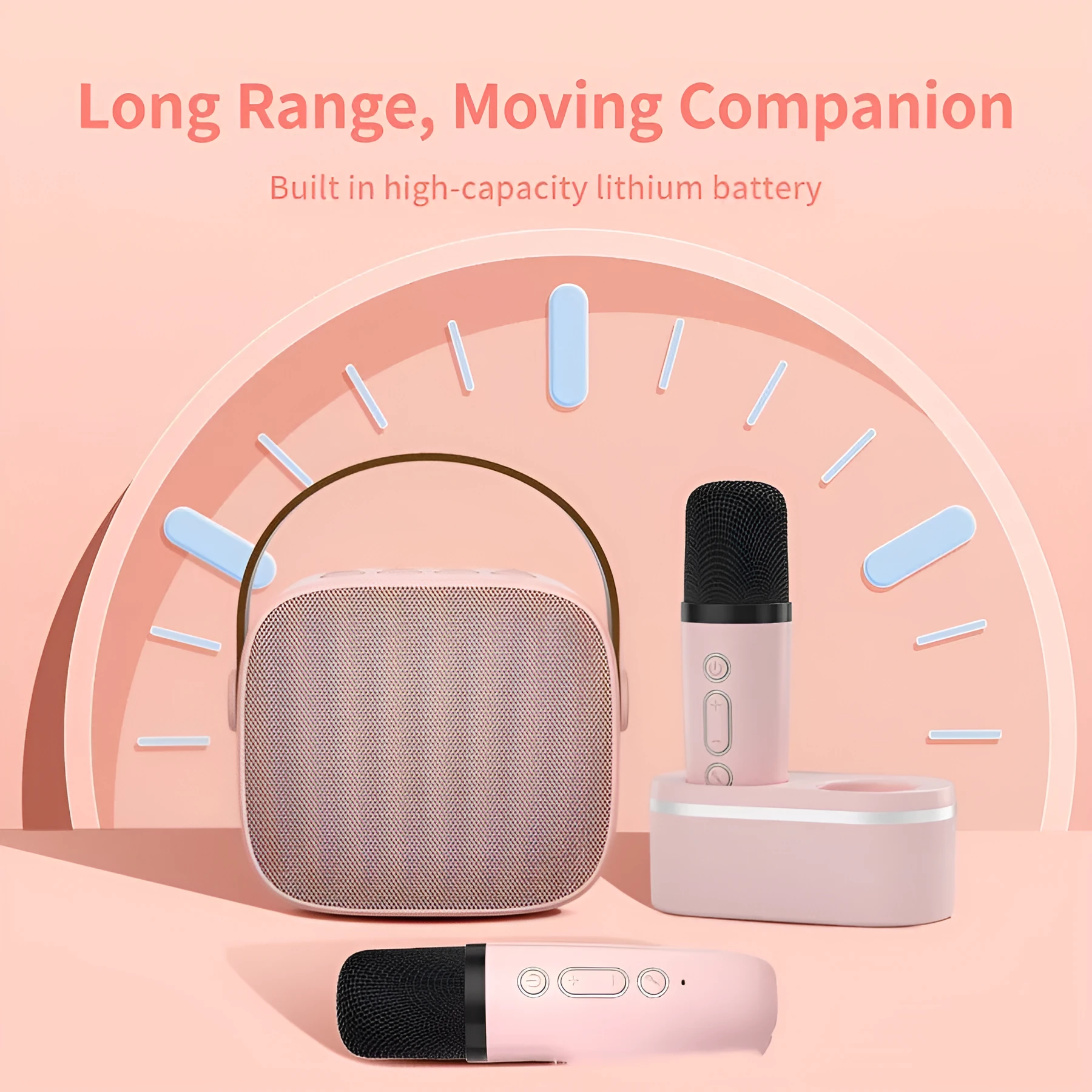 Family singing microphone set with Bluetooth speaker and two dual wireless microphones in four colour options
