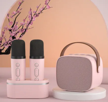 Family singing microphone set with Bluetooth speaker and two dual wireless microphones in four colour options