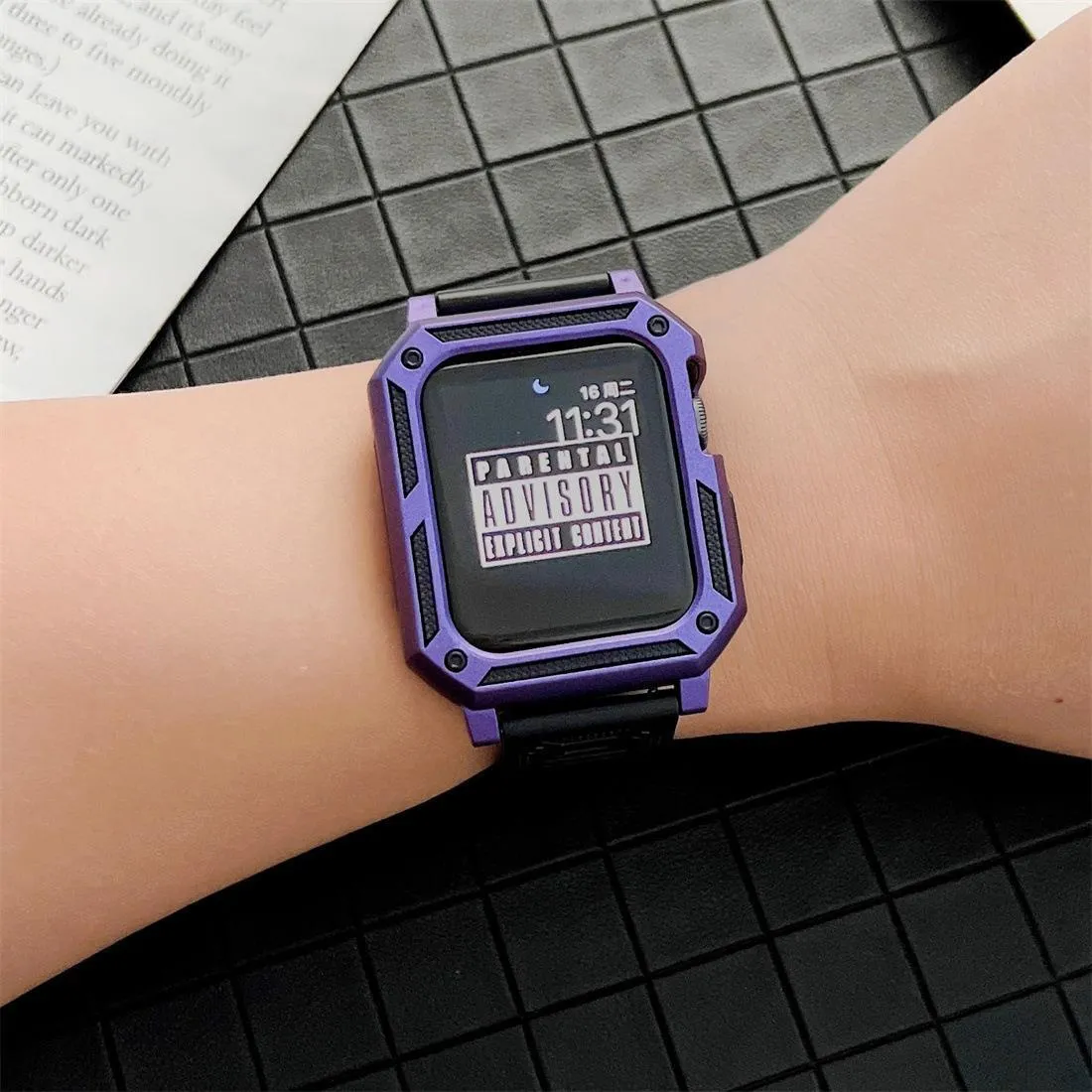 Military anti-fall modified Apple Watch case with integrated strap in Army Green, side view, silicone TPU+PC construction