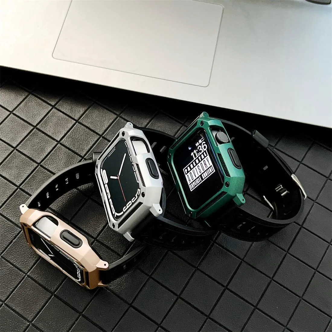 Military anti-fall modified Apple Watch case with integrated strap in Army Green, side view, silicone TPU+PC construction