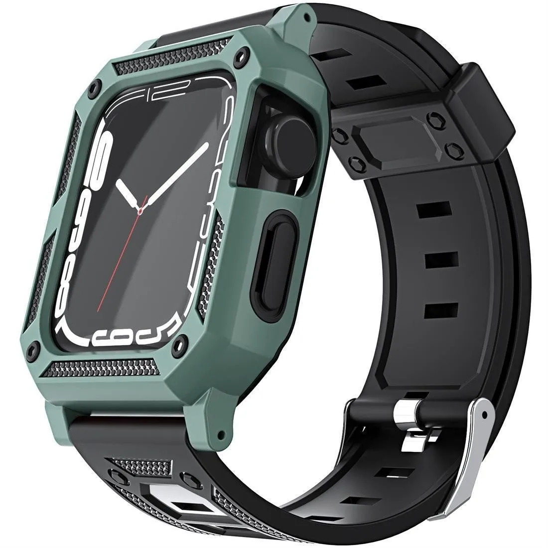 Military anti-fall modified Apple Watch case with integrated strap in Army Green, side view, silicone TPU+PC construction
