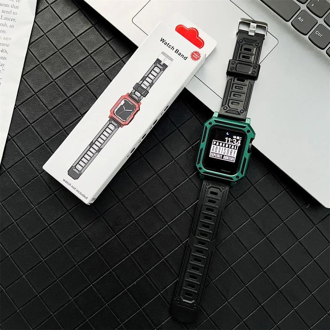 Military anti-fall modified Apple Watch case with integrated strap in Army Green, side view, silicone TPU+PC construction