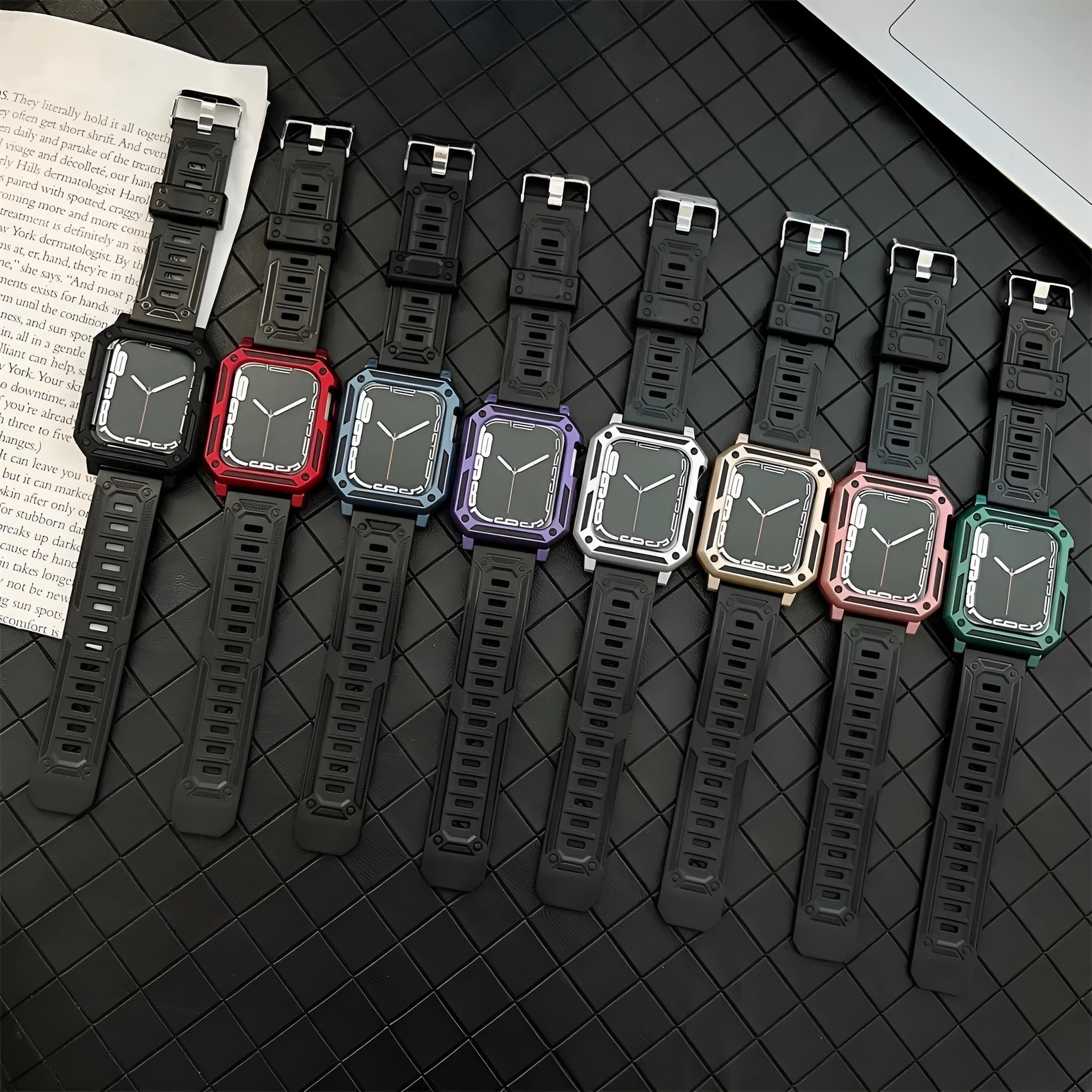 Military anti-fall modified Apple Watch case with integrated strap in Army Green, side view, silicone TPU+PC construction