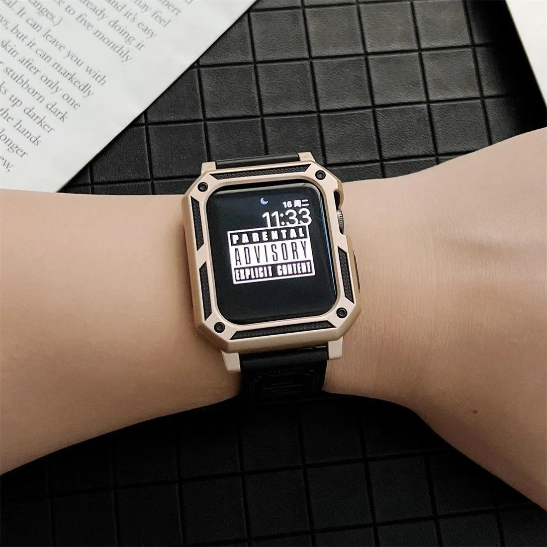 Military anti-fall modified Apple Watch case with integrated strap in Army Green, side view, silicone TPU+PC construction