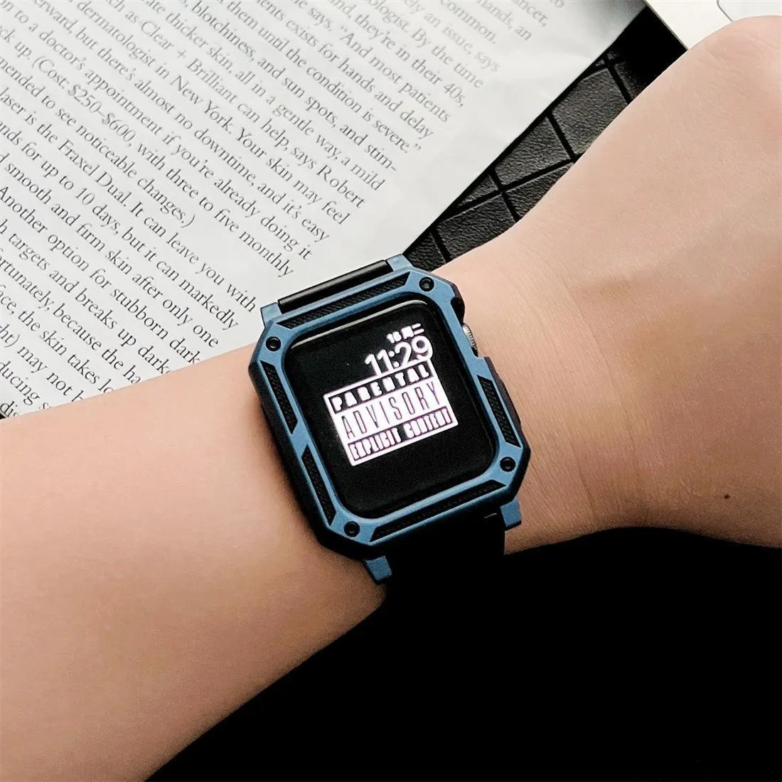 Military anti-fall modified Apple Watch case with integrated strap in Army Green, side view, silicone TPU+PC construction