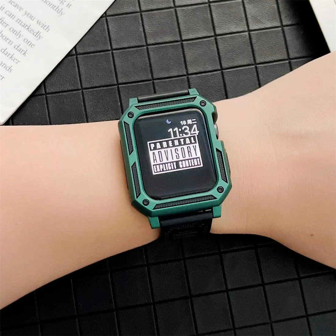 Military anti-fall modified Apple Watch case with integrated strap in Army Green, side view, silicone TPU+PC construction