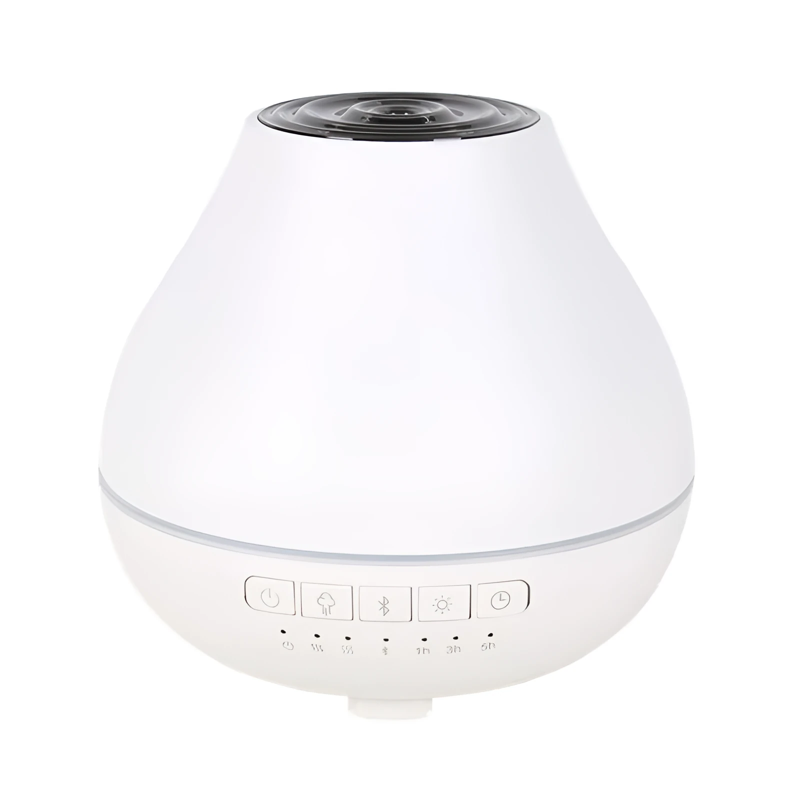 White round Bluetooth humidifier and aroma diffuser with night light on a surface.