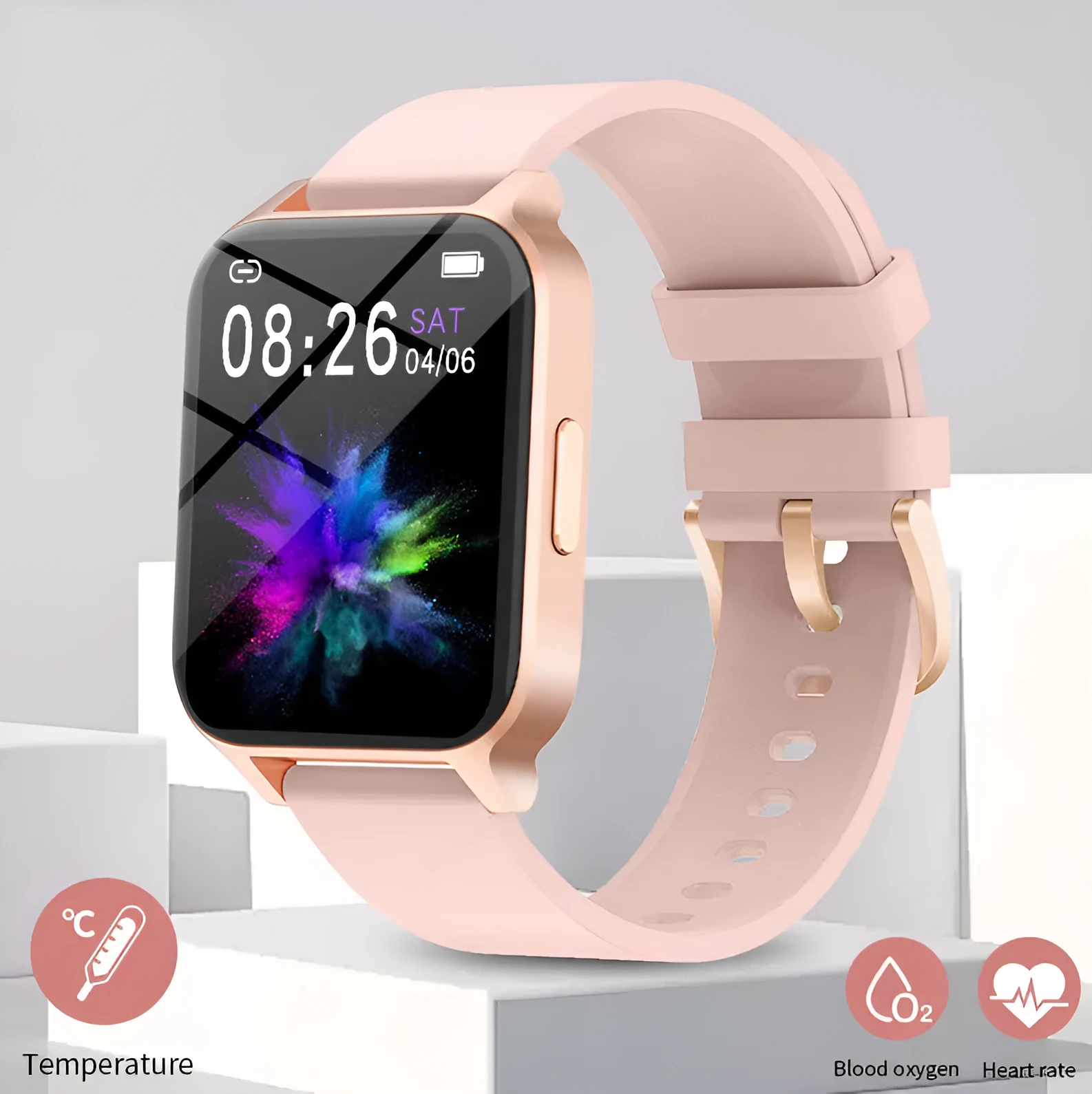 Smart health watch with colour screen showing heart rate and blood pressure readings on wrist