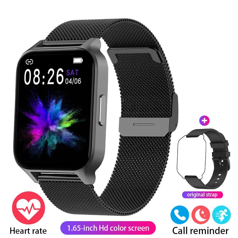 Smart health watch with colour screen showing heart rate and blood pressure readings on wrist