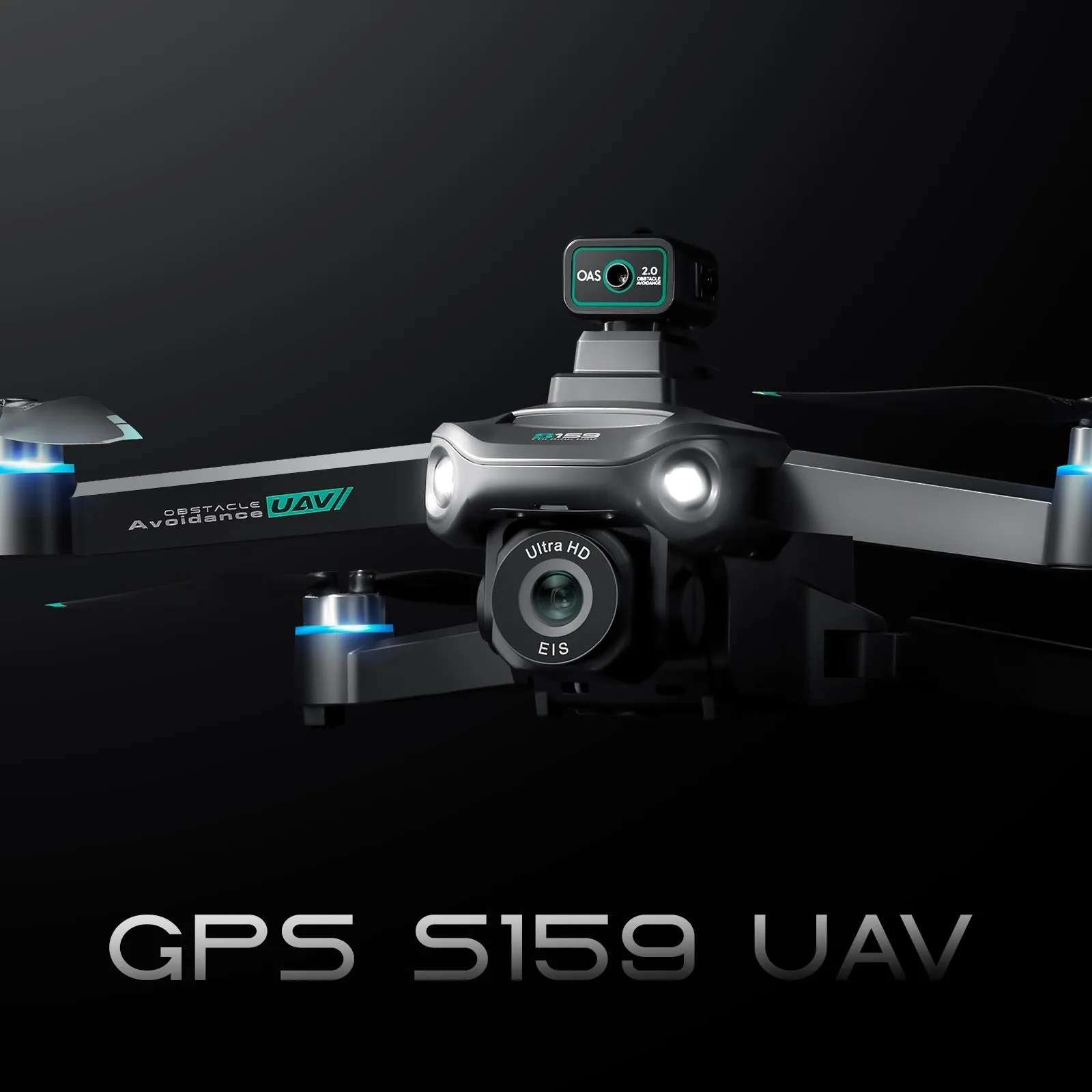 S159 GPS UAV drone with HD camera, black colour, plastic body, obstacle avoidance sensors visible