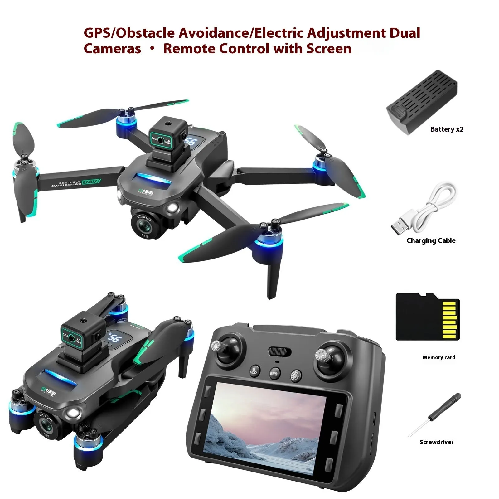 S159 GPS UAV drone with HD camera, black colour, plastic body, obstacle avoidance sensors visible