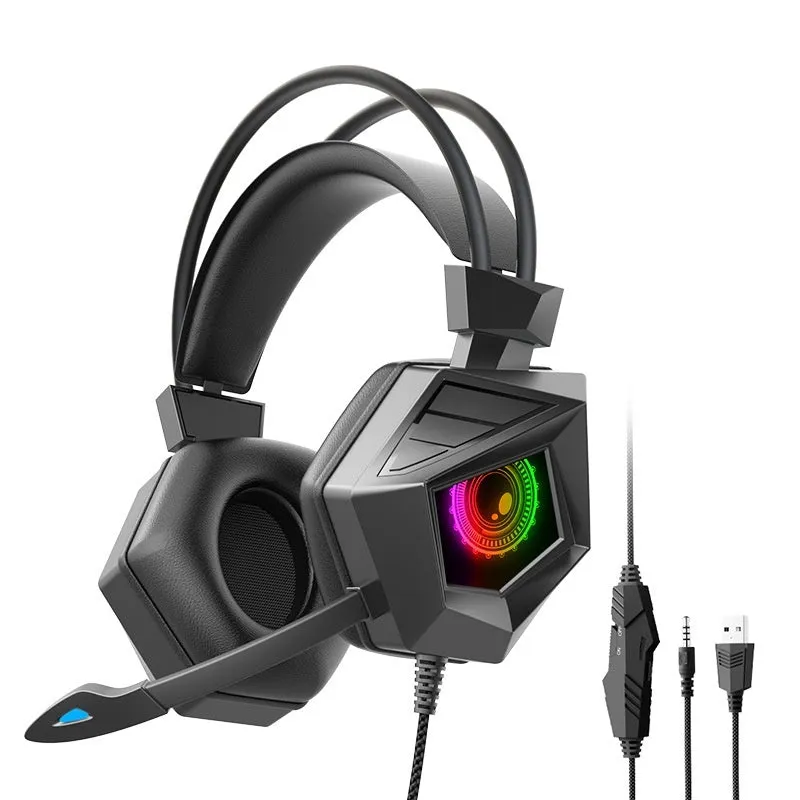 SY-G15 wired gaming headset with breathing LED lights, braided cable, and microphone for e-sports