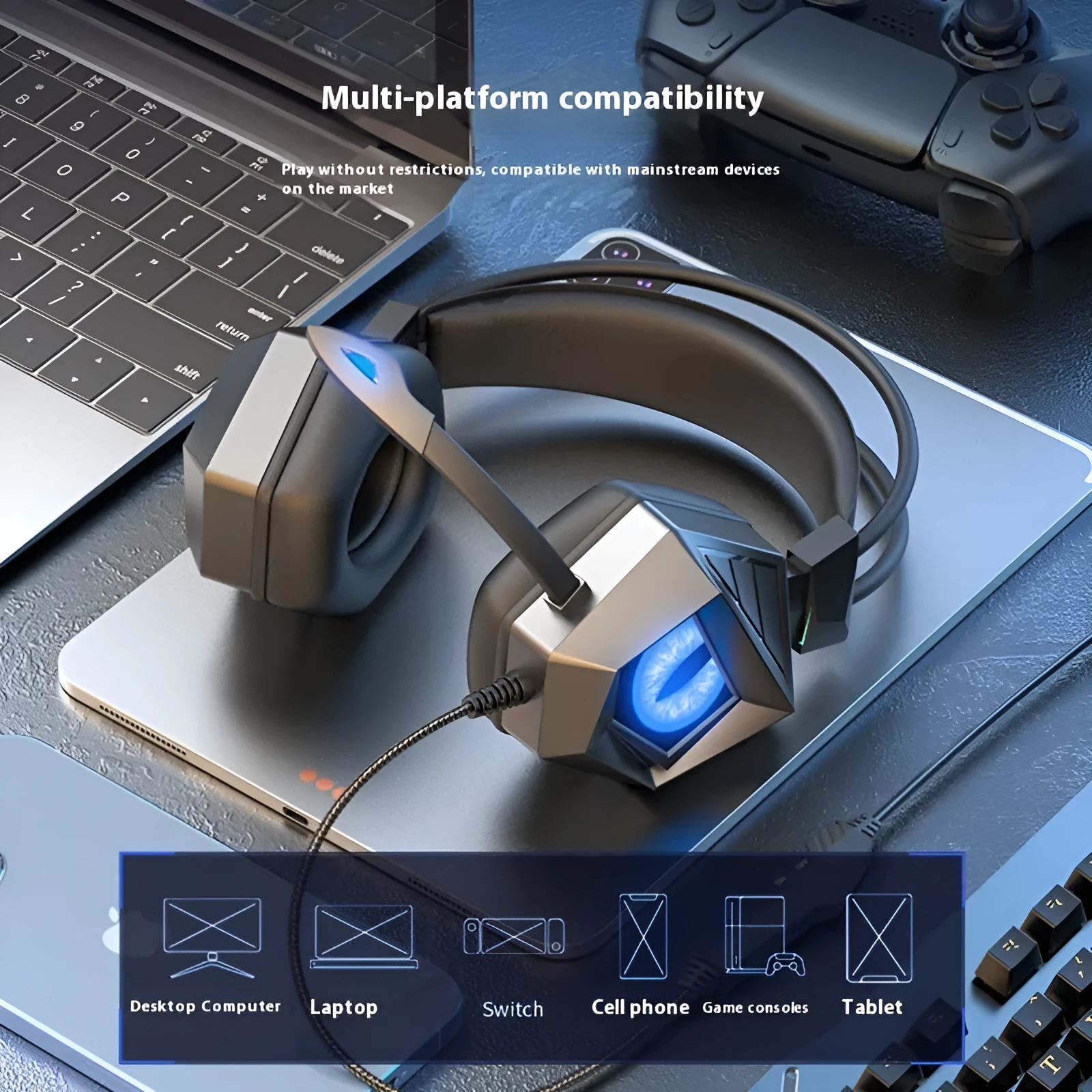 SY-G15 wired gaming headset with breathing LED lights, braided cable, and microphone for e-sports