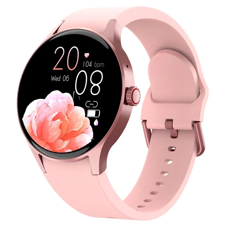 Smart Bluetooth sport watch with round screen shown in black, blue, pink, and red colour options.