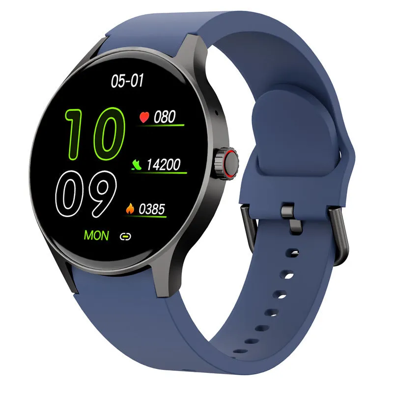 Smart Bluetooth sport watch with round screen shown in black, blue, pink, and red colour options.