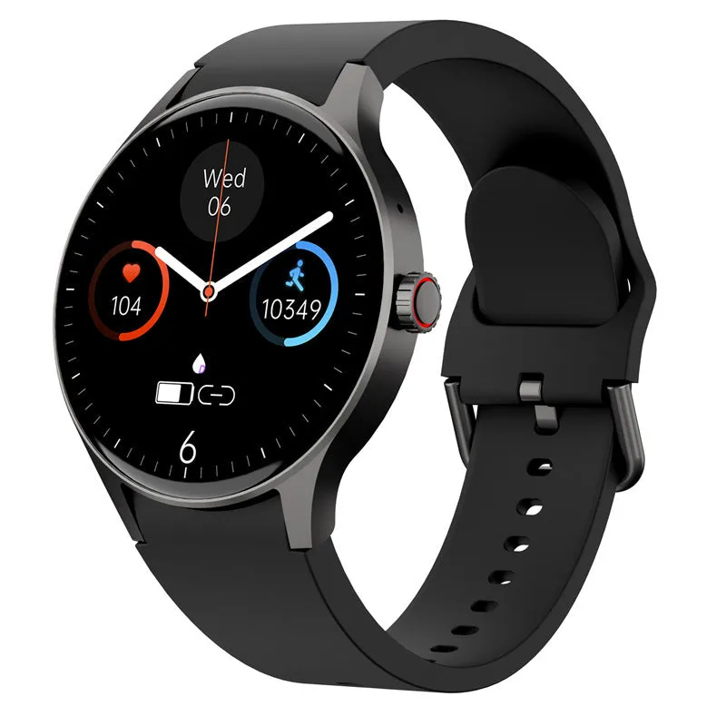 Smart Bluetooth sport watch with round screen shown in black, blue, pink, and red colour options.