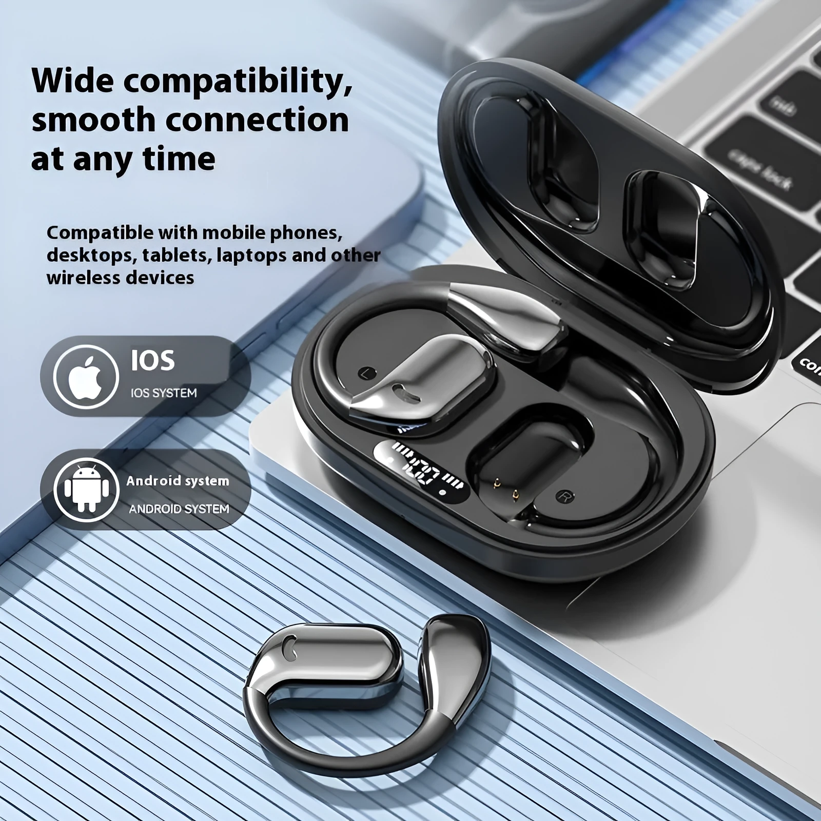 Noise reduction sports ear hook headphones in black with Type-C charging port and ear hook design