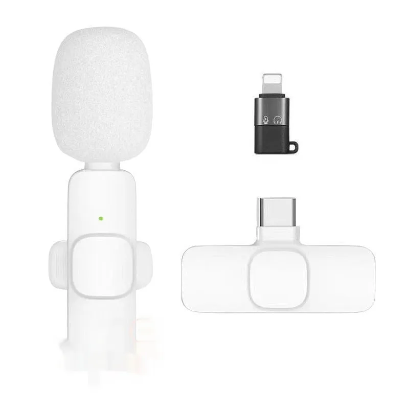 White wireless neckline clip small microphone with OTG adapter for Android and Apple devices