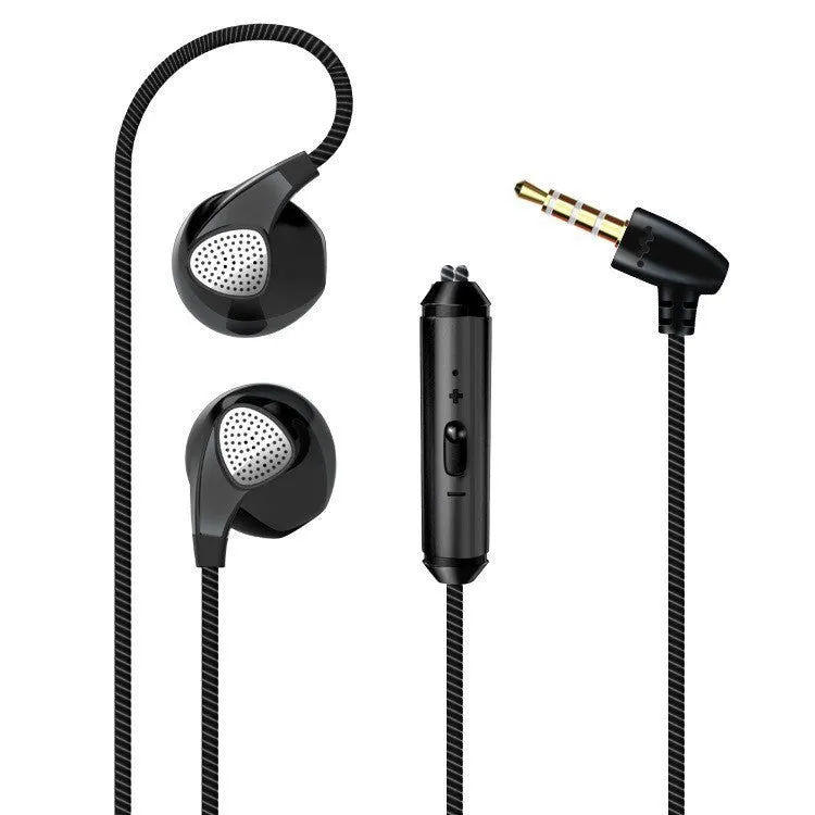 Wired in-ear headphones with microphone, black, L-shaped plug, 1.2m TPE cable