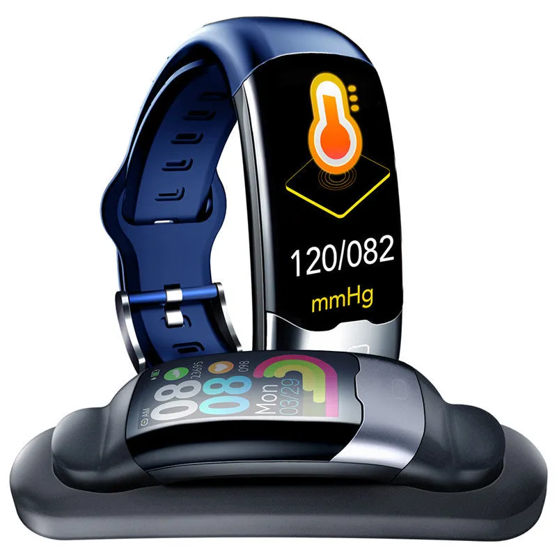 Black smart bracelet with digital display showing heart rate on a wrist.