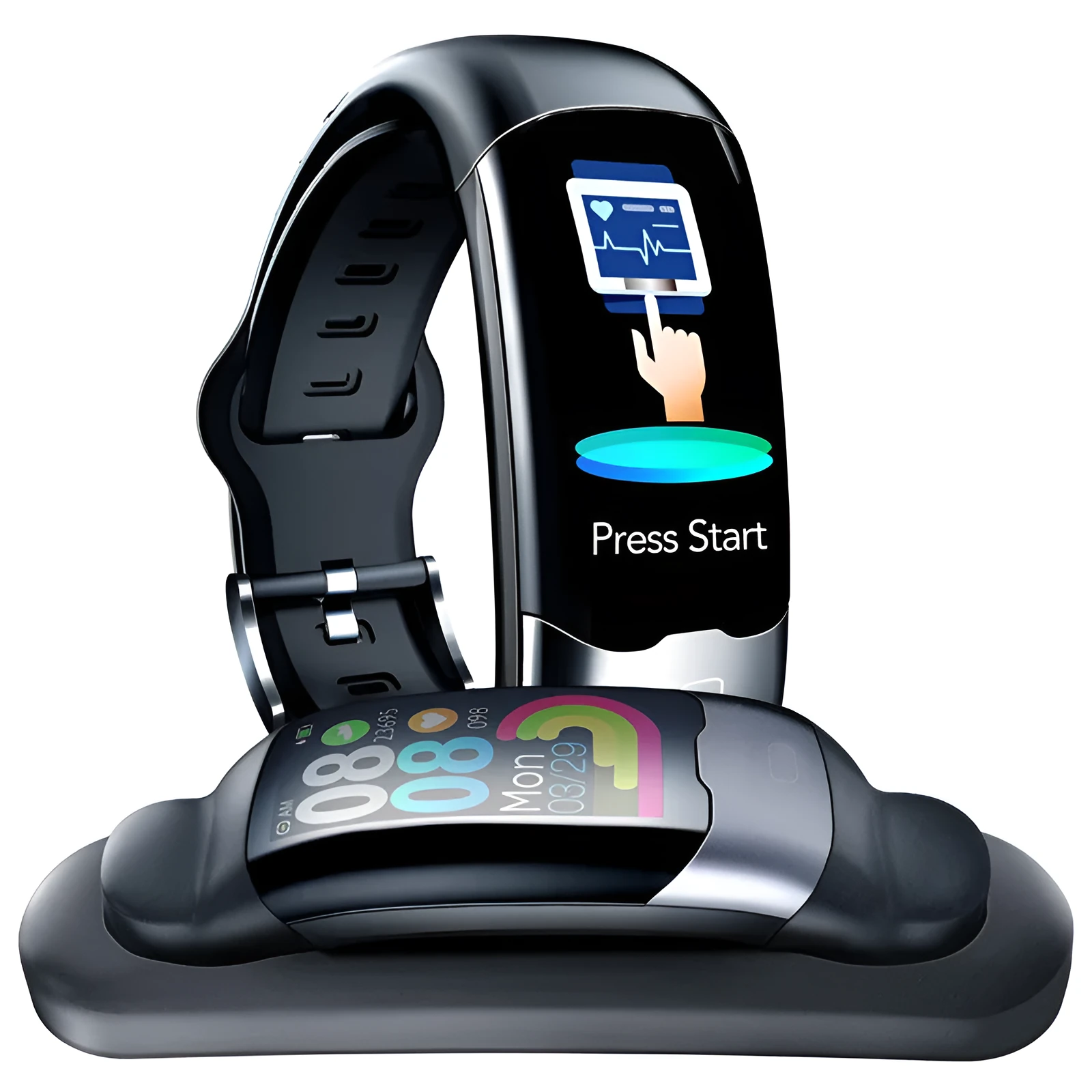 Black smart bracelet with digital display showing heart rate on a wrist.