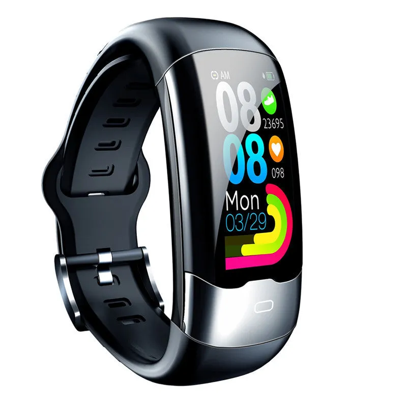 Black smart bracelet with digital display showing heart rate on a wrist.