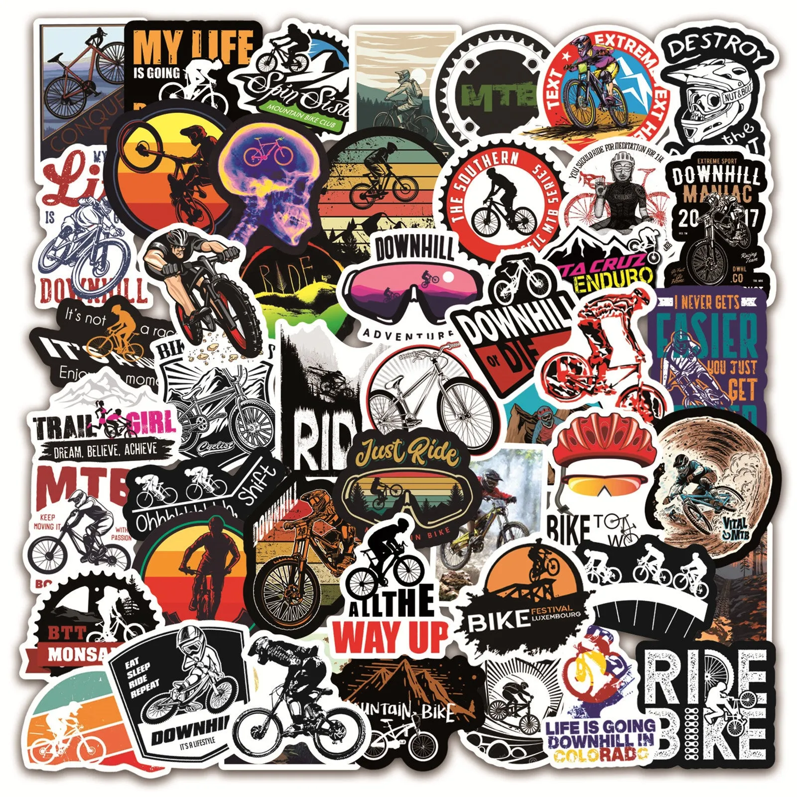 Pack of 50 self-adhesive bicycle doodle stickers for mountain bike and MTB customisation