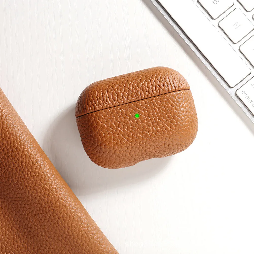 Genuine leather lychee pattern earphone cover in yellow for AirPods case full coverage