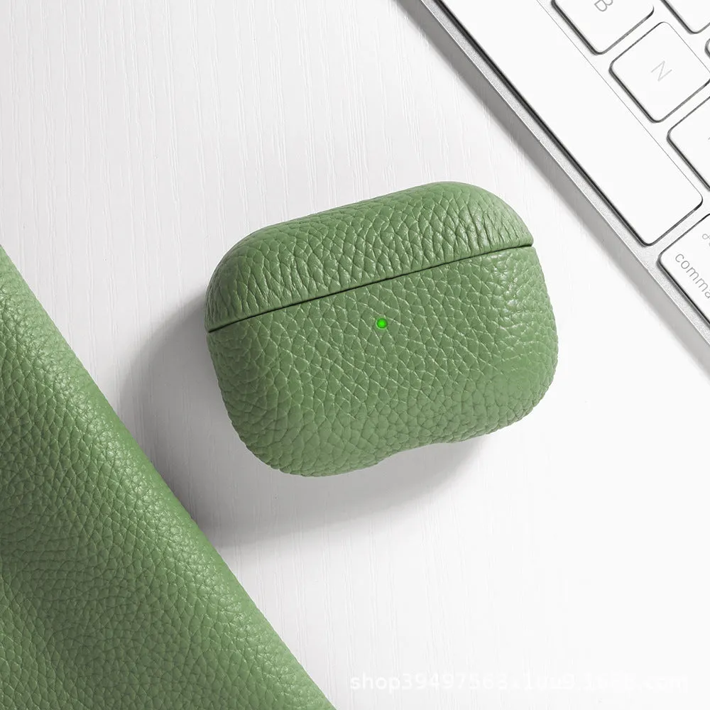 Genuine leather lychee pattern earphone cover in yellow for AirPods case full coverage