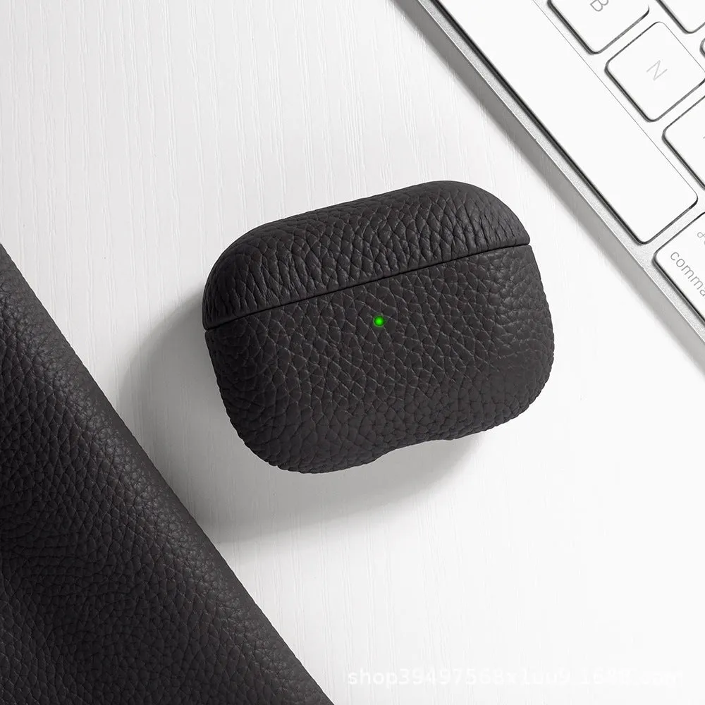 Genuine leather lychee pattern earphone cover in yellow for AirPods case full coverage