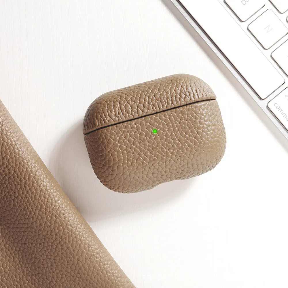 Genuine leather lychee pattern earphone cover in yellow for AirPods case full coverage