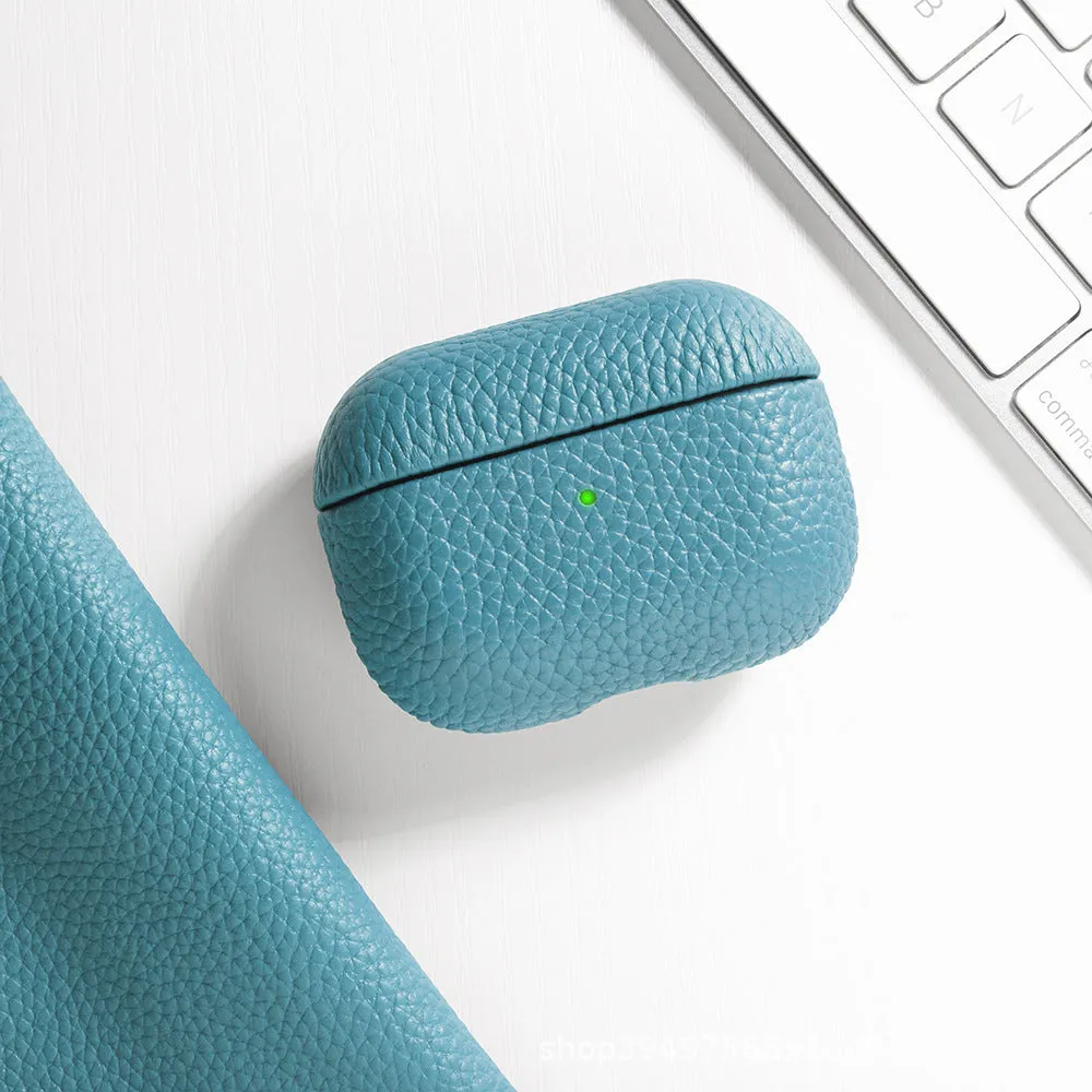 Genuine leather lychee pattern earphone cover in yellow for AirPods case full coverage