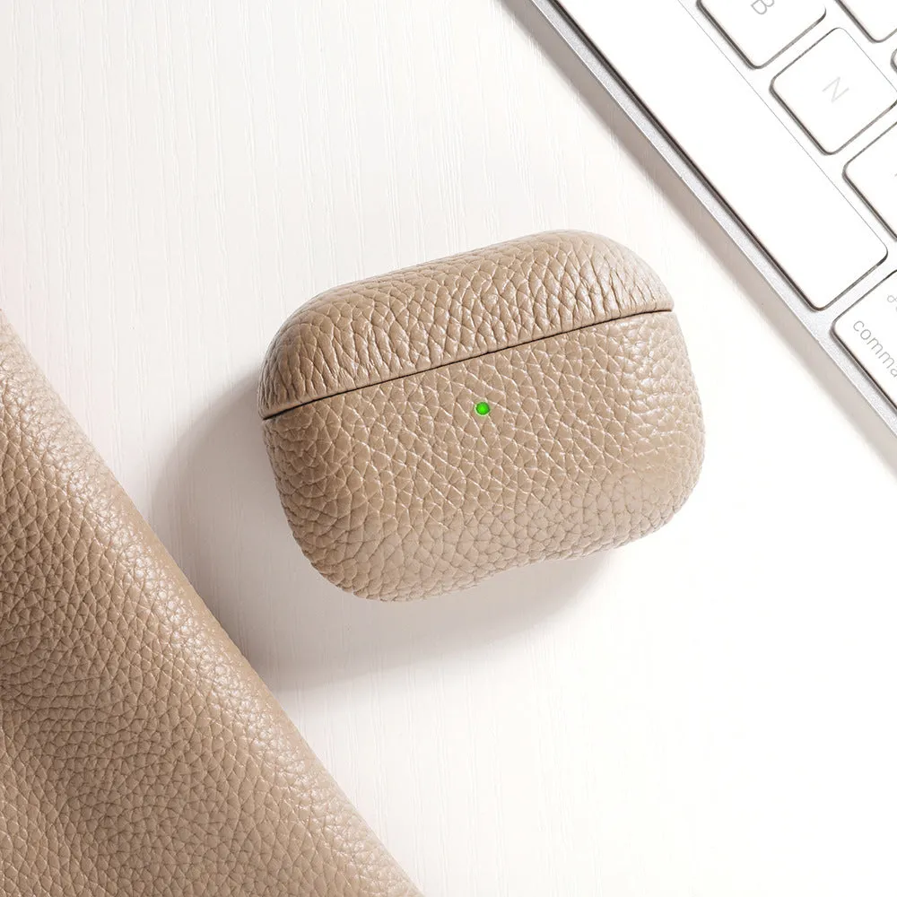Genuine leather lychee pattern earphone cover in yellow for AirPods case full coverage