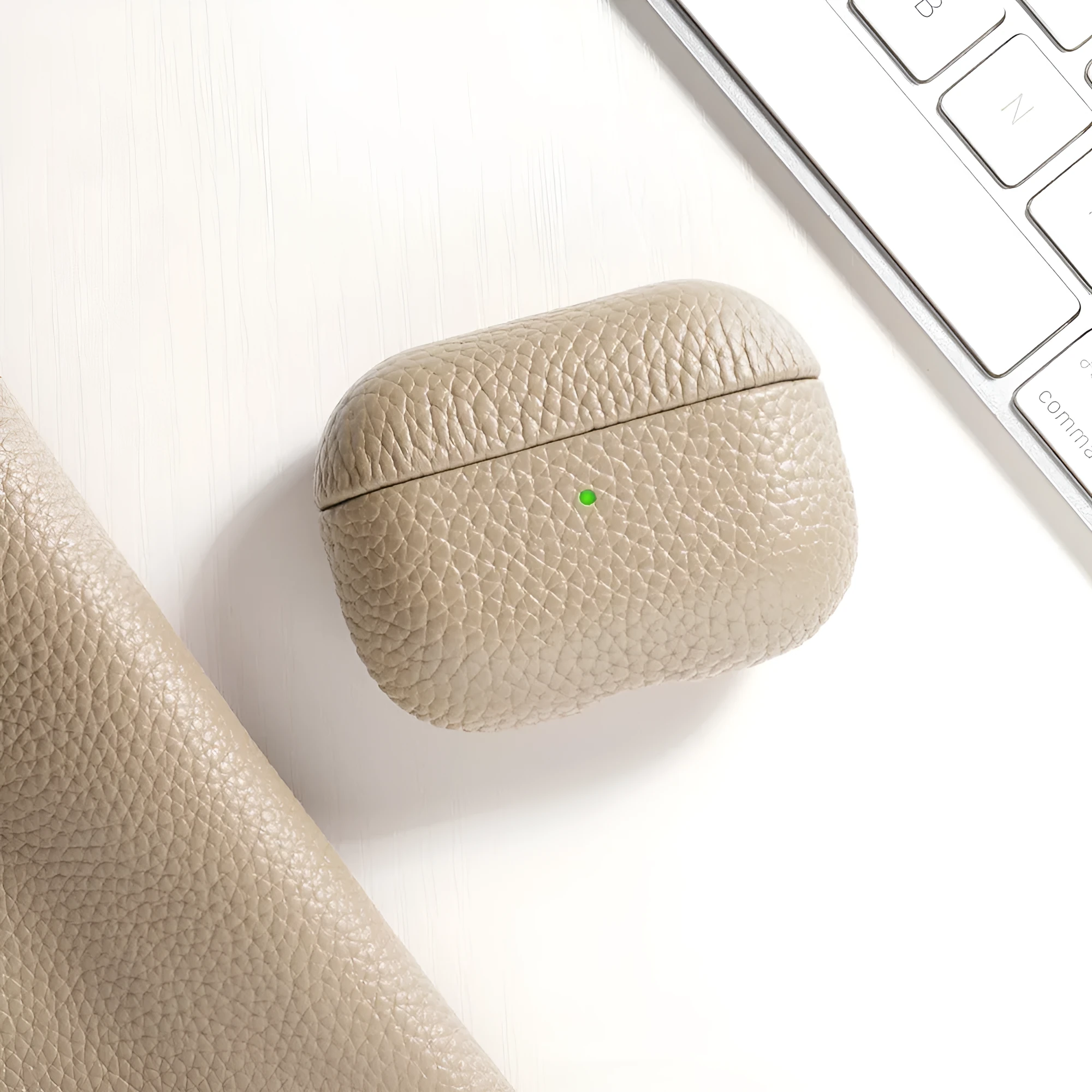Genuine leather lychee pattern earphone cover in yellow for AirPods case full coverage