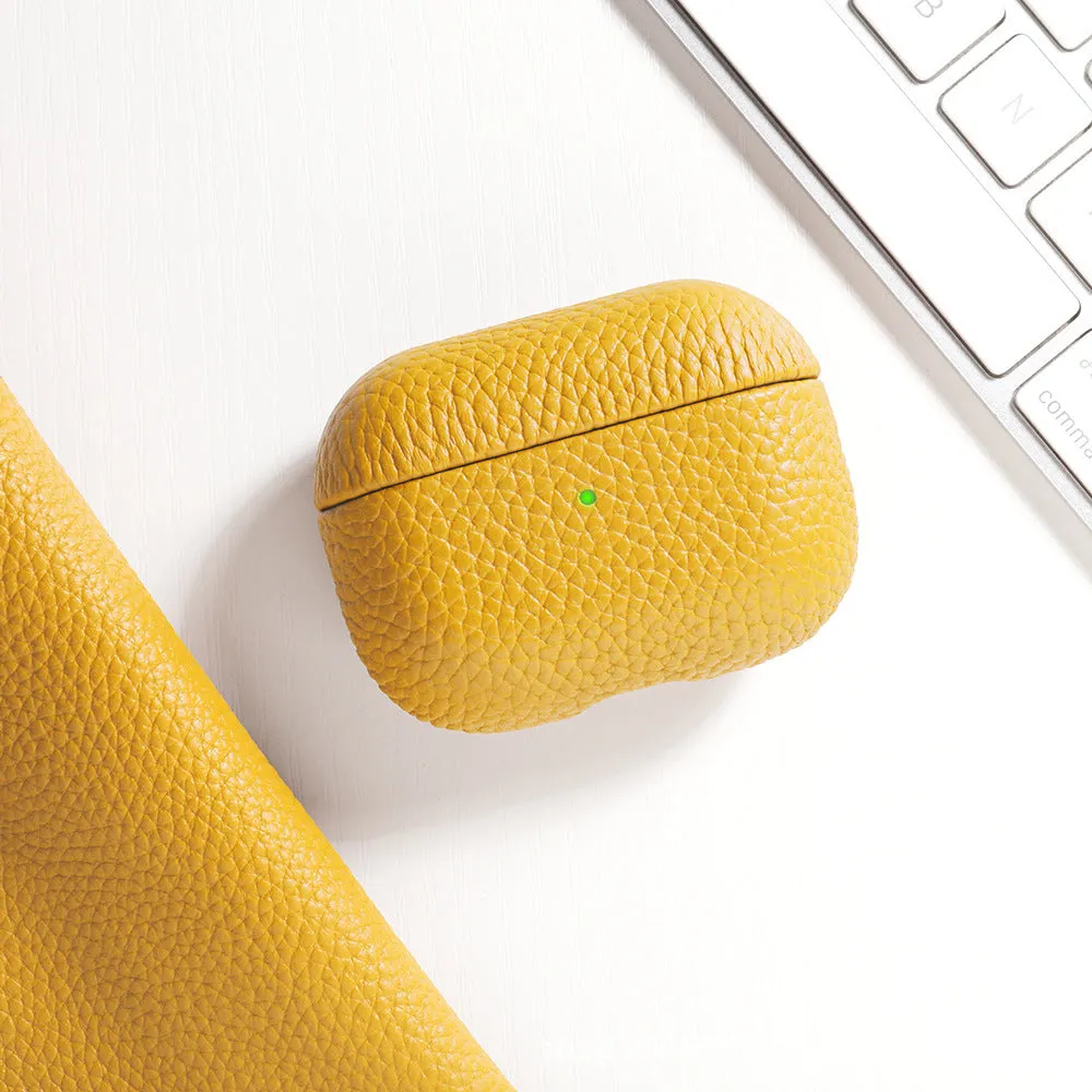 Genuine leather lychee pattern earphone cover in yellow for AirPods case full coverage