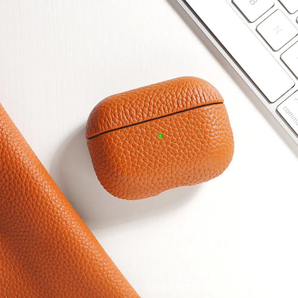 Genuine leather lychee pattern earphone cover in yellow for AirPods case full coverage