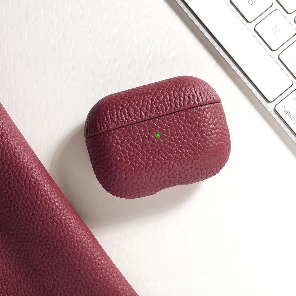 Genuine leather lychee pattern earphone cover in yellow for AirPods case full coverage