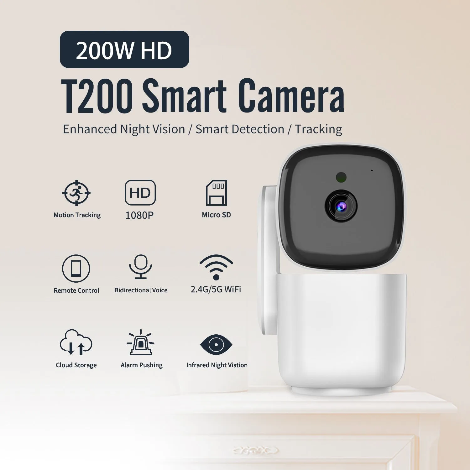White PTZ motion tracking night vision indoor camera with two-way intercom on a wall mount
