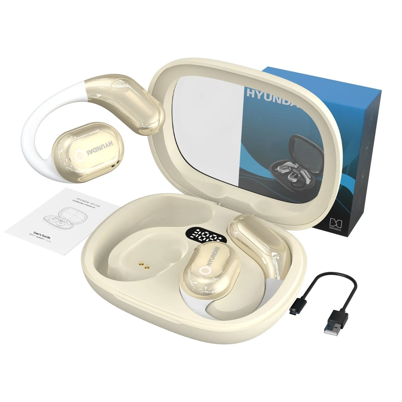 Black Bluetooth noise reduction headset with AI interpretation, ear hook design, and touch controls