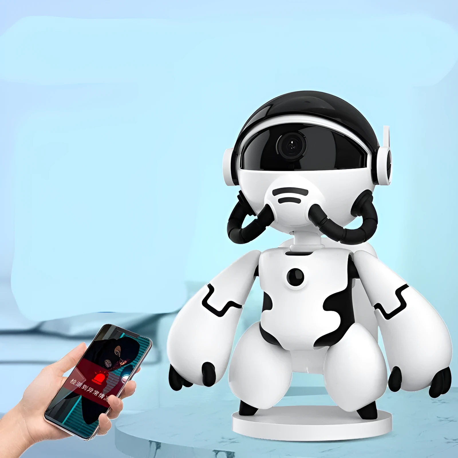 Space Robot security camera in white or black with detachable base for household monitoring